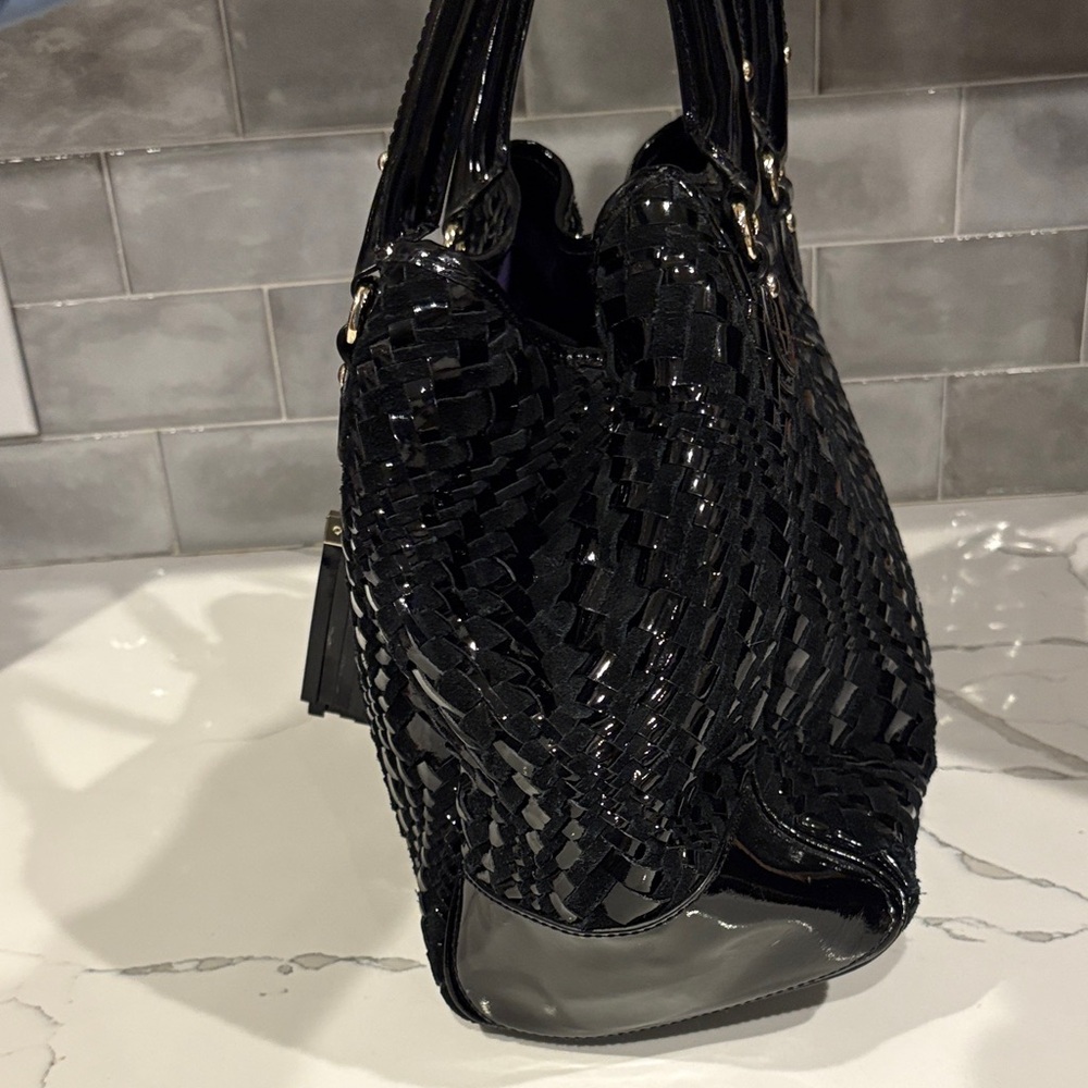 Cole Haan Black Woven Patent Leather & Suede Shoulder Bag, Purple Lining. - Picture 3 of 9